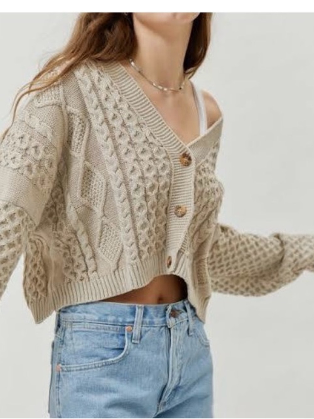 Milk It Cable Knit Cropped Cardigan Sweater Beige Patchwork Sz 14 Urban Outfitte